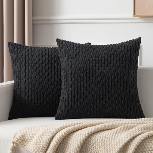 Kevin Textile Set of 2 Decorative Pillow Cover Solid Striped Corduroy Plush Velvet Cushion Cover for Couch 50cm 20 x 20 Inch Black