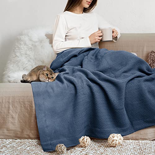 THREAD SPREAD Knitted Geometric Herringbone Pattern Handwoven Blanket 100% Long Staple Cotton - Soft & Cozy Thermal All Season Throw for Bed Couch Chair Outdoors (Full/Queen, Medium Blue)
