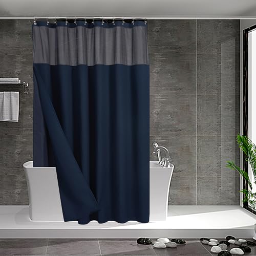 "N&Y HOME Navy Blue Waffle Weave Shower Curtain Set with Button Down Lining and Metal Hooks Hotel Style Mesh Top Window Water Resistant Washable 71"" x 72"""