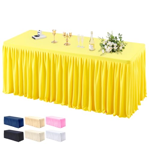 PARTISKY 1 Pack Yellow Tablecloths for Rectangle Tables 4ft, Wrinkle Resistant Spandex Table Cover Fitted Stretch Table Cloth with Pleated Ruffle Skirts for Party Banquet Dining Birthday Wedding