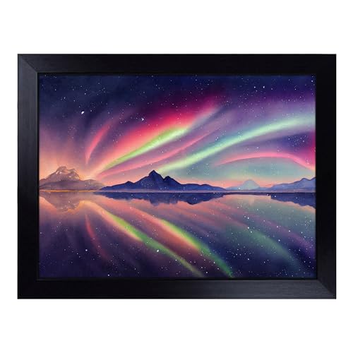 Lap Tray with Bean Bag Cushion, Watercolour Aurora Borealis - Handmade in the UK, Raised Wooden Edge, Padded Cushion, Heat-Resistant Wipe-Clean Surface, for Meals, Laptops and Crafts