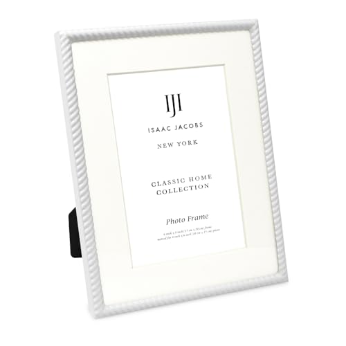 Isaac Jacobs 6x8 (Matted 4x6) White Metal Rope Border Picture Frame, Horizontal & Vertical for Tabletop and Wall Display, Home Decor, Metal Frame (6x8 (Matted 4x6), White)