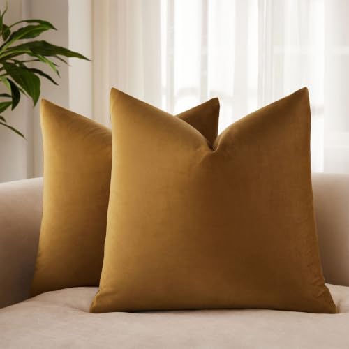 JUSPURBET 18x18 Decorative Throw Pillow Covers Set of 2,Mustard Yellow - Modern Soft Velvet Cushion Covers Cases with Hidden Zipper for Couch Sofa Bed Living Room Bedroom Home Decor