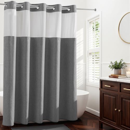 River Dream Linen Textured No Hooks Shower Curtain with Liner,Grey,71x74 - Mesh Top Window,with Snap-in Liner,Heavy Duty Fabric,Quick Dry,Bottom Magnets,Water-Repellent,Washable,Farmhouse Bathroom Set