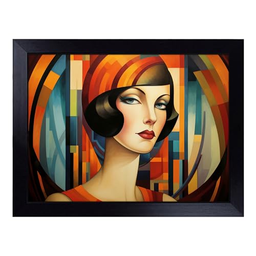 Lap Tray with Bean Bag Cushion, Art Deco Woman Art Deco - Handmade in the UK, Raised Wooden Edge, Padded Cushion, Heat-Resistant Wipe-Clean Surface, for Meals, Laptops and Crafts