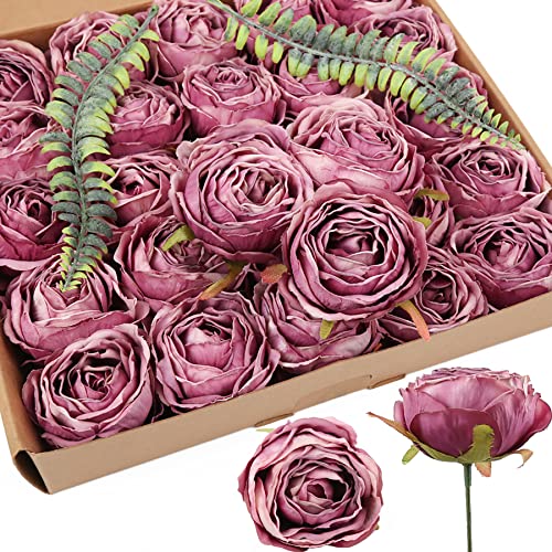 IPOPU Artificial Purple Flowers 25PCS Rose Artificial Flowers Bulk Heads Dried Silk Flowers Fake Roses Heads for Bouquet of Flowers Artificial Floral Arrangements (Purple)
