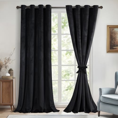 DWCN Black Blackout Velvet Curtains 84 inches with Tiebacks - Elegant Heavy Duty Thermal Insulated Energy Efficiency Grommet Window Panels for Bedroom/Living Room Backdrop Decor, W52 x L84, 2 PCs