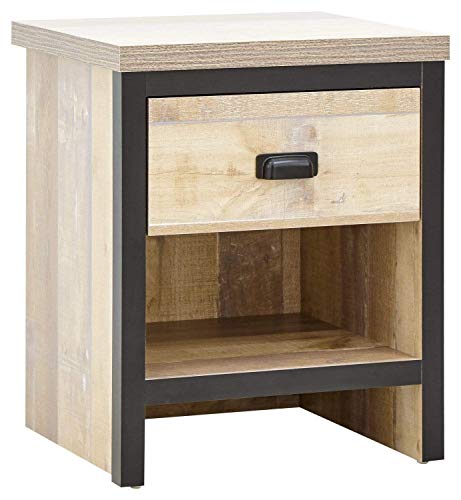 GFW Boston Lamp Table with Drawer, Industrial Side Table with Black Metal Handle, Oak Effect Finish and Contrasting Frame, Living Room End Table