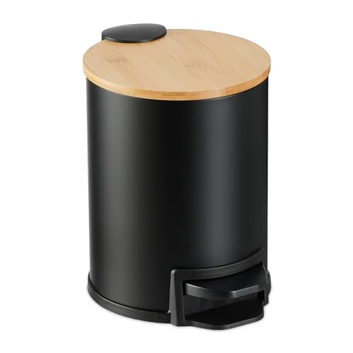 Relaxdays Step Pedal Bin, 3 Litre, Soft-close Mechanism, Removable Inside, Bathroom Cosmetic Waste, Metal, Bamboo, Black, Iron, 22.5 x 23 x 17 cm