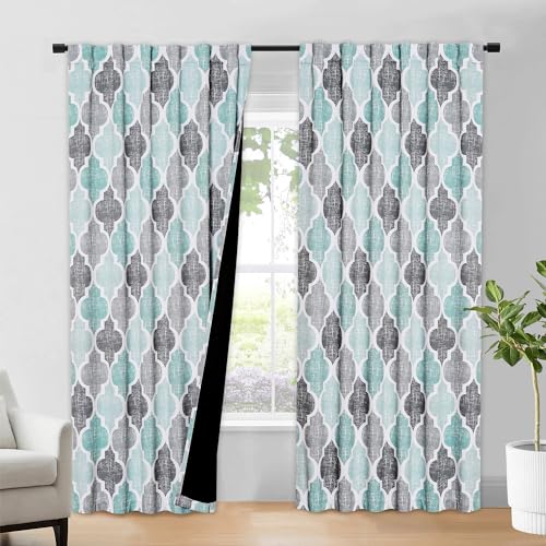 Beauoop Moroccan 100% Blackout Curtains Bedroom Aqua Grey 50x84 2 Panels - Geometric Room Darkening Drapes for Living Room 84 Inch Long Thermal Insulated Soundproof Lattice Window Treatment Rod Pocket