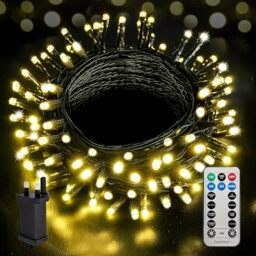 Desiretech - LED Plug-in Christmas Lights - Waterproof Holiday String Lights with Remote, 8 Modes, Timer for Christmas Trees, Garlands, Wreaths and Festive Decor, Dimmable (Warm White, 20m / 200 LED)