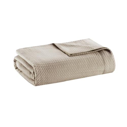 "Madison Park Soft Certified 100% Egyptian Cotton Breathable Cozy Blanket, Premium Waffle Knit Classic Design, Luxury All Season Lightweight Cover for Bed, Couch and Sofa, Khaki Twin(66""x90"")"