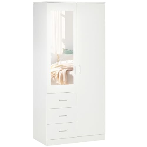 HOMCOM 2 Door 3 Drawer Mirrored Wardrobe with Hanging Rail, Modern Clothes Storage Cupboard with Mirror, Drawers and Adjustable Shelves for Bedroom, 80 x 50 x 180 cm, White