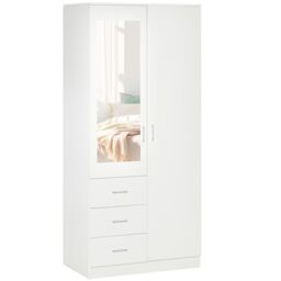 HOMCOM 2 Door 3 Drawer Mirrored Wardrobe with Hanging Rail, Modern Clothes Storage Cupboard with Mirror, Drawers and Adjustable Shelves for Bedroom, 80 x 50 x 180 cm, White