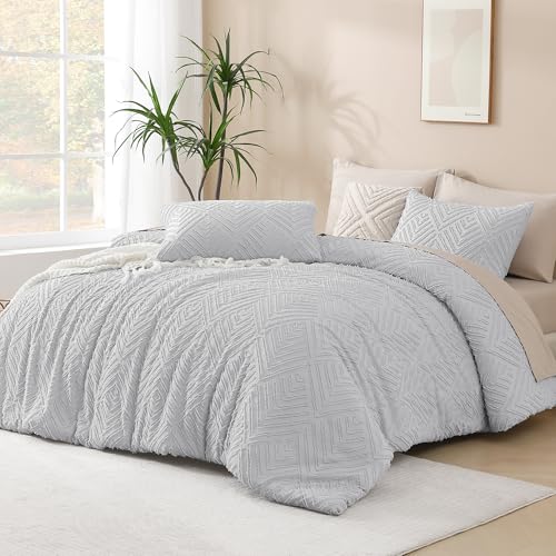 Andency Light Grey Oversized King Comforter 128''x120'', 3 Pieces Gray Soft Boho Bedding Set & Collections, Farmhouse Tufted Fluffy Shabby Chic Bed Set for All Seasons (1 Comforter, 2 Pillowcases)