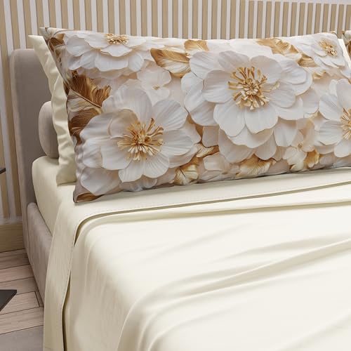 PETTI Artigiani Italiani - Double Bed Sheets Cotton with Pillowcases in Digital Print, Double Bed Sheet, Floral Pattern 33 Cream, 100% Made in Italy