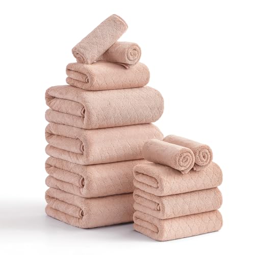 Hailea Luxury Bath Towels Set - 12 Piece (4 Large Bath Towels,4 Hand Towels,4 Washcloths), 100% Microfiber,Extra Absorbent Super Soft & Quick Dry,Complete Family Pack for Bathroom Gym Pool,Orange