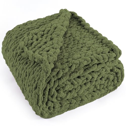 "LONG CREATE Chunky Knit Throw Blanket 50""X 60"", 100% Handmade with Soft Chenille Yarn, 4.4lbs Thick Cable Knitted Blankets, Large Rope Knot Crochet Throws for Couch Sofa Bed Home Decor, Olive Green"