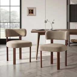 COLAMY Wooden Dining Chairs Set of 2, Velvet Fabric Chairs for Dining Room with Open Curved Backrest and Thick Seat Cushion, Upholstered Kitchen Chair with Anti-Slip Pads, Khaki