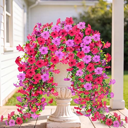 Artificial Fake Hanging Flowers Plants for Outdoor Outside Spring Summer Decoration 2PCS Faux Silk UV Resistant Realistic Mums Daisy with Eucalyptus for Home Porch Patio Balcony(Hot pink & Magenta)