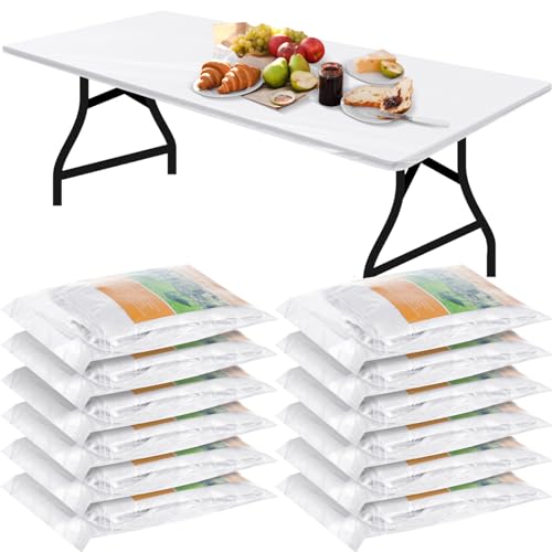Boao 12 Pcs Plastic Table Cloths Disposable for Parties Picnic Table Covers with Fall Elastic Fitted Elastic Cover Rectangle Waterproof for Thanks Giving Christmas Picnic(8 Ft, 96 x 30 Inch,White)