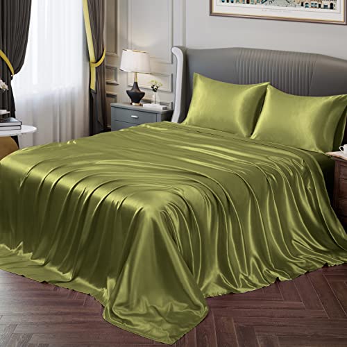 Vonty Satin Queen Sage Green Sheets, Fitted + Flat + 2 Pillowcases - Silky Satin Protects Hair, Reduces Facial Wrinkles, Deep Pocket Up To 15 Inch, Machine Washable, Year-Round Comfort