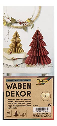 folia 49213 Honeycomb Decoration Berry Xmas Trees Set of 2 Height Approx. 20 and 13 cm Foldable Christmas Decoration for Indoor Use Red/Beige S/M