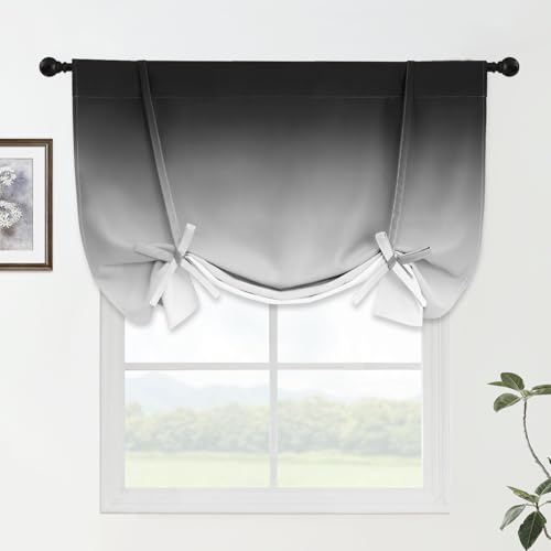 Yakamok Ombre Thermal Insulated Tie Up Curtains for Small Windows Gradient Black to Grey White Blackout Room Darkening Shades for Bedroom Kitchen Rod Pocket Balloon Curtain W42 X L48 Inches, 1 Panel