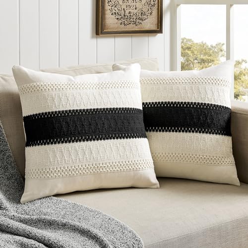 ZeeMart 2 Pack Boho Throw Pillow Covers, Contrast Black 18x18in - Soft Breathable Cotton, Farmhouse Decorative Couch Pillow Cases, Cushion Covers for Sofa Bed Living Room Home Decor