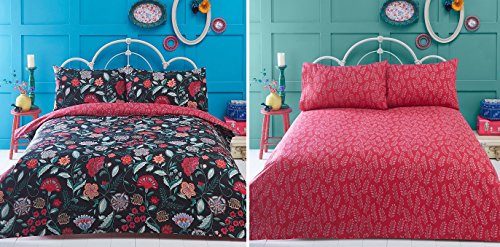 Irvine Double Bed Duvet Cover and 2 Pillowcases Set Bedding, Bed Set, Black, Red, Floral, Retro, Black