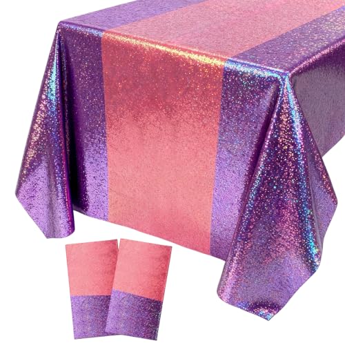 Oudain 2 Pcs Kpop Theme Party Purple & Pink Holographic Party Tablecloth 54 x 108 Inch Plastic Rectangle Tablecloth Waterproof Table Cover for Demon Kpop Theme Birthday Decoration