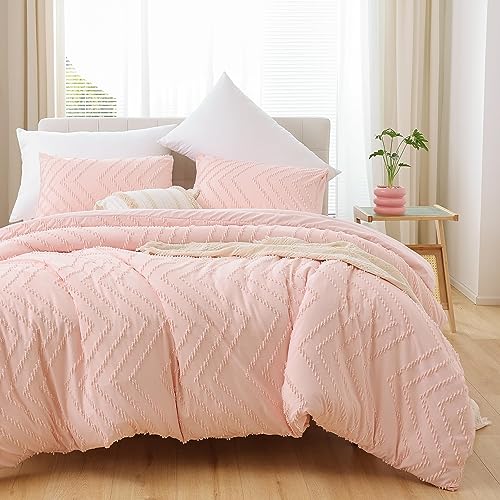 YIRDDEO Pink Full Size Comforter Set 3Pcs, Boho Blush Full Comforter Set Farmhouse Full Size Bedding Set, Vertical Tufted Full Bed Set, Lightweight Neutral Full Bedroom Set (1 Comforter 2 Pillowcase)