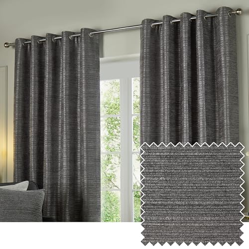 Paoletti Jupiter Room Darkening Eyelet Curtain Pair – Elegant Jacquard Chenille Lined Ring Top Drapes (Graphite - 117x137cm)