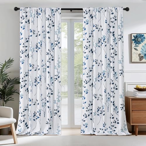 Beauoop Floral 100% Blackout Curtains 63 Inch Length 2 Panels for Bedroom Living Room Navy Blue and White Flower Patterned Room Darkening Thermal Soundproof Rod Pocket Back Tab Window Drapes, 52X63