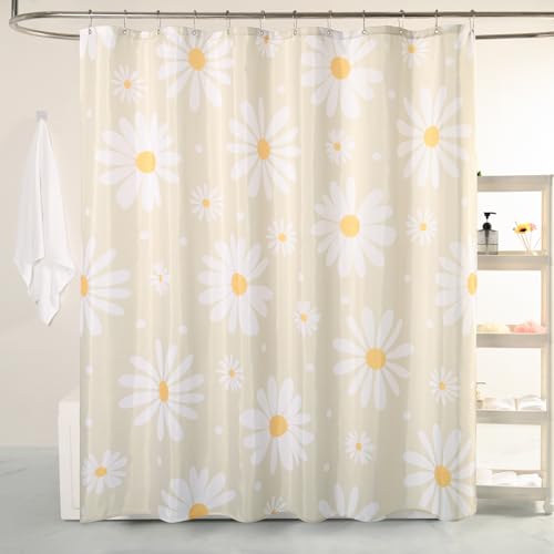 QJHOMO Beige Floral Shower Curtain Set Cute Dasiy Bathroom Curtain, Washable Waterproof Fabric Modern Farmhouse Shower Curtain with 6 Hooks, Colorful Flower Small Stall Shower Curtains 36x72 inch
