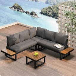 Ball & Cast 4-5 Seater Garden Lounge Set, Galvanized Iron Frame Outdoor Patio Furniture, 4-Piece Set, Reclining & Adjustable Seating, WPC Tabletop Table Included, Gray fabric + black frame