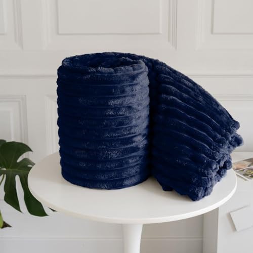 Chunky Ribbed Faux Fur Throw Blanket Navy Blue 150 x200cm