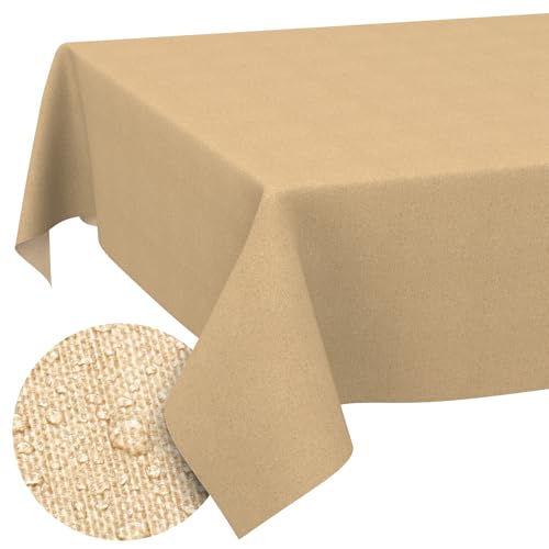 ANRO Washable Tablecloth Beige Linen Look 300 x 140 cm Outdoor Weatherproof - Table linen made of coated fabric - dirt and water resistant, easy to clean - washable at 30 ??C