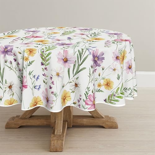 Horaldaily Spring Summer Tablecloth 60x60 Inch Round, Yellow White Purple Daisy Floral Table Cover for Party Picnic Dinner Decor