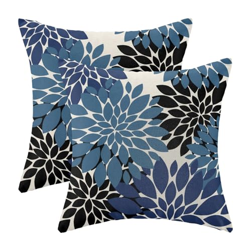 CXMEIFLY Navy Blue Black Pillow Covers 22x22 Inch Set of 2 Dahlia Floral Decor Throw Pillows Summer Modern Geometry Flower Outdoor Decorative Cushion Cases for Sofa Couch Bed Decoration