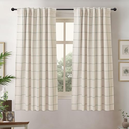 DriftAway 2 Panels 100% Blackout Windowpane Plaid Linen Curtains Double Layer Drapes for Bedroom 63 Inches Long Farmhouse Thermal Insulated 3.25 Inch Rod Pocket Back Tab for Living Room Loden Green
