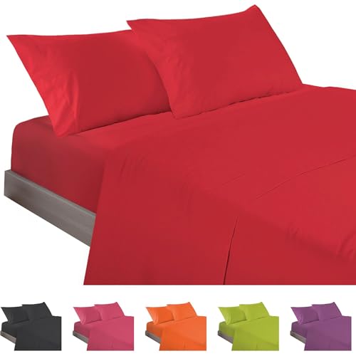 ECOMMERC3 - 4 Piece Bed Sheet Set 105 Made in Spain - Bed Sheet Set with Fitted Sheet, Top Sheet and 2 Pillowcases Red, Extra Soft and Lightweight Sheet