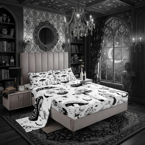 Castle Fairy Wild Mushroom Bed Sheet Set King Size,Abstract Sun Moon Starry Bedding Set Gothic Plants Fitted Sheet for Kids Boys Teens Room Decor,Black White Sketch Style Bed Cover with 2 Pillowcases
