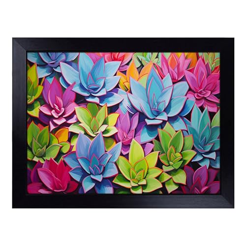 Lap Tray with Bean Bag Cushion, Succulent Pop Art - Handmade in the UK, Raised Wooden Edge, Padded Cushion, Heat-Resistant Wipe-Clean Surface, for Meals, Laptops and Crafts