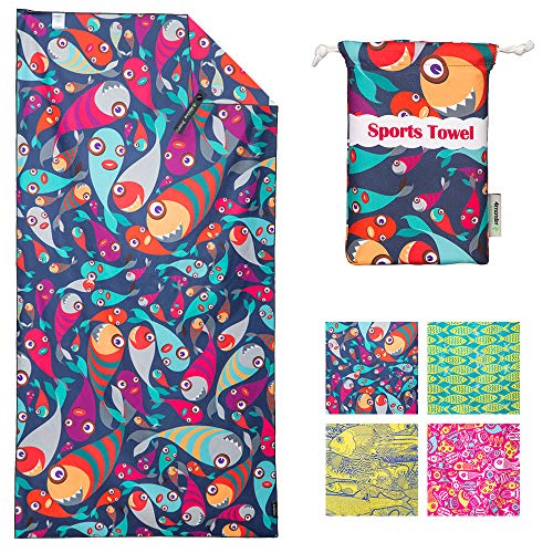 4Monster Microfiber Beach Towel, Pool Towel, Swim Towel, Camp Towel, Gym Towel, Backpacking Towel, Hiking Towel, Fast Drying and Super Absorbent with Case for Kids & Adults, 63x31''