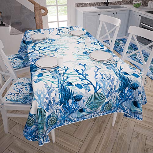 PETTI Artigiani Italiani - Stain Resistant Tablecloth Rectangular 140x180 cm 6 Seats, Wipe Clean Microfibre Kitchen Table Cover, Blue Coral Design, 100% Made in Italy
