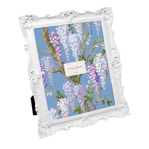 Laura Ashley 8x10 White Ornate Textured Hand-Crafted Resin Picture Frame with Easel & Hook for Tabletop & Wall Display, Decorative Floral Design Home Décor, Photo Gallery, Art, More (8x10, White)