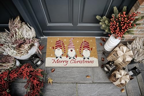 Hanse Home Coconut Doormat Christmas - Non-Slip Dirt Trapper Mat Natural for Indoor Use, Gnomes Merry Christmas Coir Mat for Entrance Area and Covered Outdoor Area - 40 x 70 cm