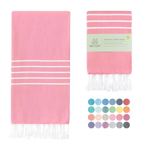 WETCAT Turkish Beach Towel, 38 x 71 cm, Prewashed for Soft Feel, 100% Cotton, Quick Dry Bath Towels with Vibrant Colors, Unique Turkish Towels Bathroom, Hot Pink