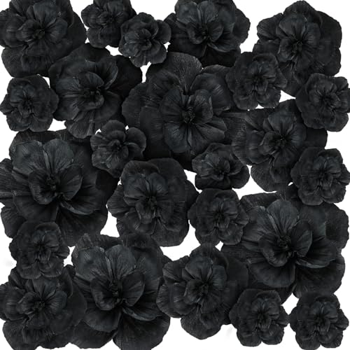 Humyoun Giant Paper Flowers Artificial Paper Flower Decorations for Wedding Graduation Bridal Shower Birthday Handcrafted Wall Backdrop Table Centerpieces Party Supplies (Black,24 Pcs)
